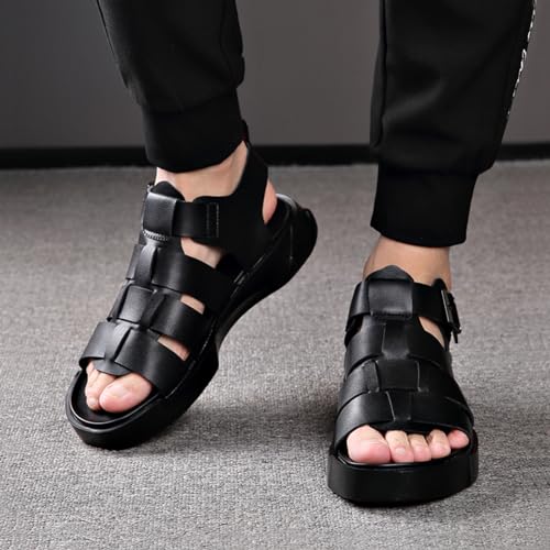 Men's Open Toe Ankle Buckle Sandals,Summer Platform Non-Slip Leather Roman Beach Sandals Outdoor Casual Hollow Driving Walking Shoes3