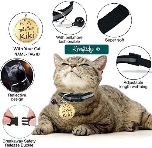 Image of Cat Collar Belt with Name tag id and Bell Customized for Kitten Small Medium Big Adult pet Cats Neck Collar (with Personalized cat Name) (Reflective) (Red) (Black)