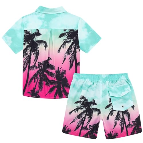 Image of UNICOMIDEA Boys Hawaiian Outfits Tropical Print Button Down Shirt + Swim Trunks 2 Piece Sets for 5-12T Kids