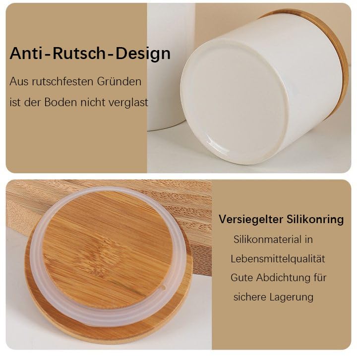 Vorratsdose Keramik mit luftdichtem Bambus-Deckel, 500ml Vorratsbehälter für Kaffee, Zucker, Tee, Nüsse Korn, Gewürze usw. Keramik Aufbewahrungsdose Versiegelter Behälter für Küche und Familie