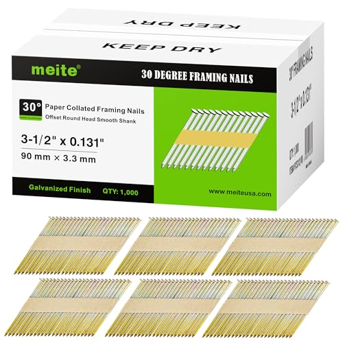 meite 30 Degree Framing Nails 3-1/2 Inch x .131-Inch, Electro-Galvanized Coated, Paper Tape Collated, Offset Round Head Smooth Shank Framing Nails for 30-34 Degree Framing Nailers (1,000 Counts)