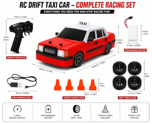 Image of 2.4GHz RC Drift Stunt Taxi Car for Kids, High-Speed Remote Control Car with LED Headlights, Rechargeable Battery, Drift Tires & Precision Steering, Indoor Outdoor Racing Toy for Boys & Girls 6+