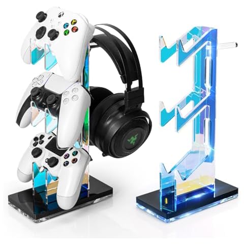 OAPRIRE Controller Holder Headset Stand with Lights, 3 Tier Acrylic Gaming Controller Stand for PS4, PS5, PC, Switch, Universal Design (Black) Cover