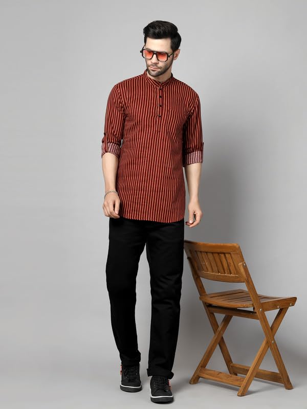 Image of Vastraa Fusion Men's Handloom Weaving Pure Cotton Short Kurta, Round Collar, Full Sleeves,Button Kurta, Ethnic Wear