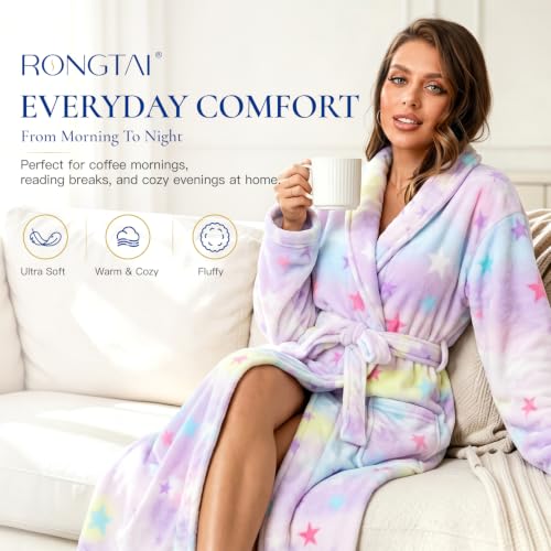 Image of RONGTAI Womens Bathrobe Ladies Fleece Plush Warm Long Robes Fleece Nightgown Sleepwear