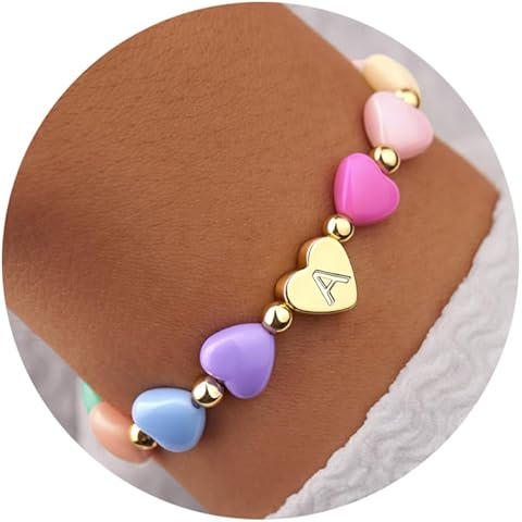 WomenGifts Initial Heart Bracelets for Girls Women – Christmas Cute Little Girls Letter A-Z Charm Bracelet, Personalized Happy 3-18 Years Old Birthday Gift for Sisters, Teens & Her, Adjustable Gold Jewelry