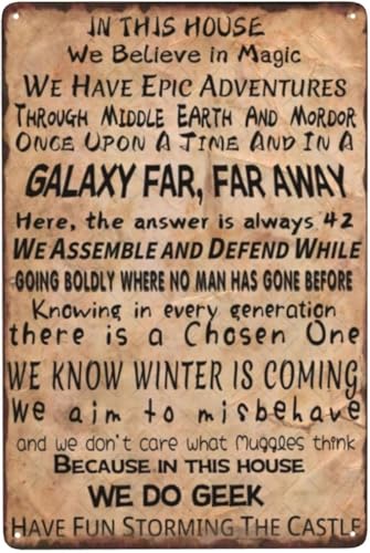 DZQUY In This House We Do Geek Magic Metal Tin Sign Decor Vintage Poster Wall Decor Art Funny Tin Signs For Home Office Bar Bar Man Cave Backyard Garage Home 8 x 12 inches