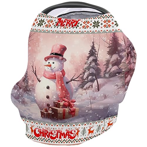Nursing Cover for Breastfeeding Scarf, Merry Christmas Snowman Forest Ethnic Pattern Border Baby Car Covers Super Soft Multi Use for Canopy Shopping Cart Cover Blanket Stroller Cover