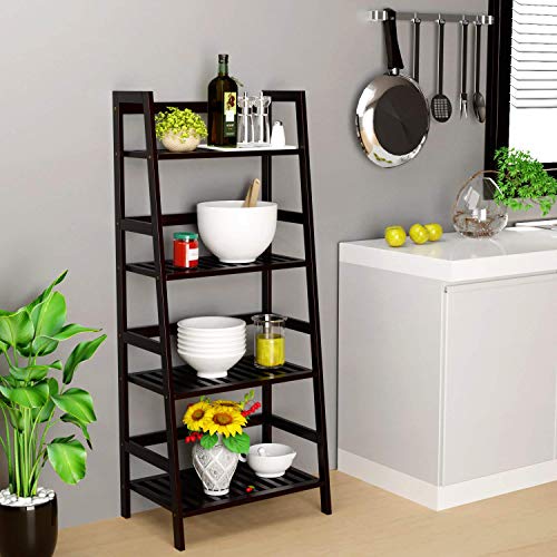 HOMFA Bamboo 4 Shelf Bookcase, Multifunctional Ladder Shaped Plant Flower Stand Rack Book Rack Storage Shelves, Dark Brown