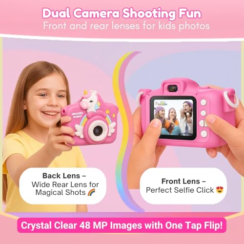 Image of Toy Imagine Kids Digital Camera 48 MP Photos & 1080p Video 2 Screen, USB Rechargeable & Portable Fun Mini Toy Camera for Boys & Girls Age 3-10 Educational Birthday Gift (Unicorn) SD Card Not Included