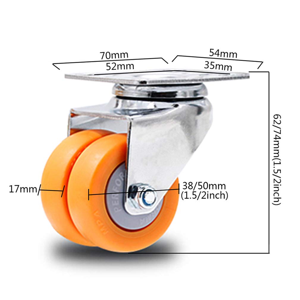 4 kółka obrotowe z hamulcem, ciężkie koła płytowe, kółka do wózka meblowego, 1,5/2 cala Premium PC koła zapobiegające zużyciu miękkie (Swivel+hamulce, 2 cale (50 mm))