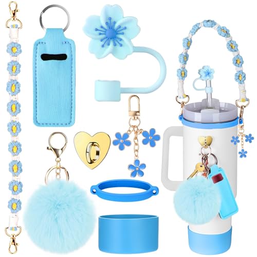 Stanley Cup Accessories - 8Pcs Set (Blue) - Tumbler Strap Bottle Handle Chapstick Holder Keychain Charms Straw Topper