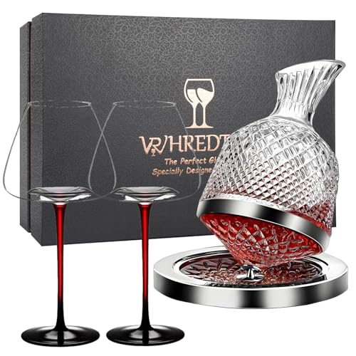 Lussuoso set decanter per vino con 2 bicchieri di cristallo senza piombo, 1500 ml, rotazione a 360° e aerazione rapida, caraffa per vino rosso, regalo per matrimoni, anniversari, pensionamenti