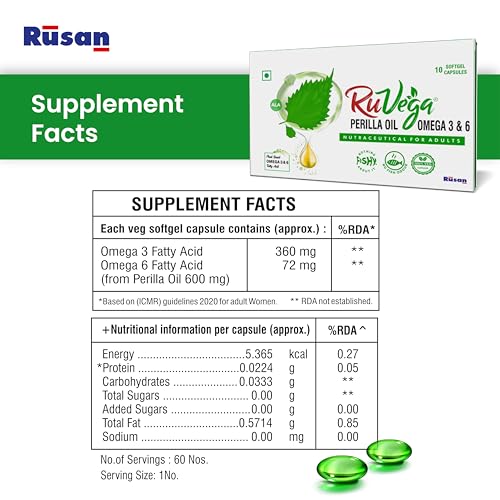 Image of RuVega Plant-Based Omega 3 & 6 Softgel 10 Capsules | Herbal Perilla Oil with ALA | Fish-Free Softgel Nutraceutical for Adults | Vegan Supplements | Supports Heart, Brain, Joint & Skin Health