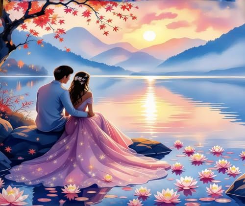 Image of RUMPS 7D Romantic Couple Sunset Printed Flat Bedsheet King Size 90x100 Inch with 2 Pillow Covers 16x26 Inch | Luxury Love Theme Microfiber Double Bedsheet