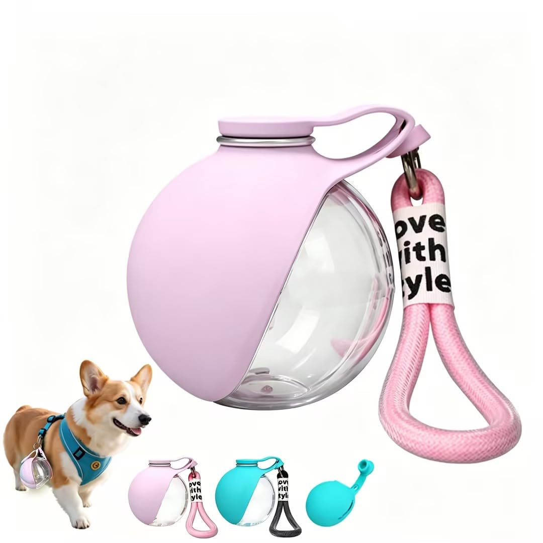 Stainless Steel/Plastic Hydropaw Bottle, Portable Dog Water Bottle with Foldable Silicone Bowl, Feeding & Watering Supplies for Dogs, Dog Bottle for Walks and Travel (Plastic - Pink, One Size)