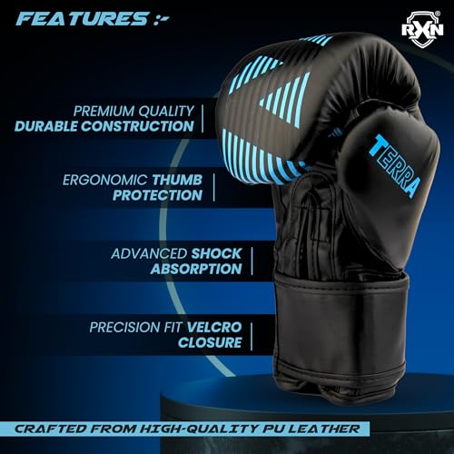 Image of RXN Terra Boxing Gloves, Pro Training & Sparring (Black /Blue, 14oz) | High-Density Foam Padding | Shock Absorption | Attached Thumb | Enhanced Hand Protection