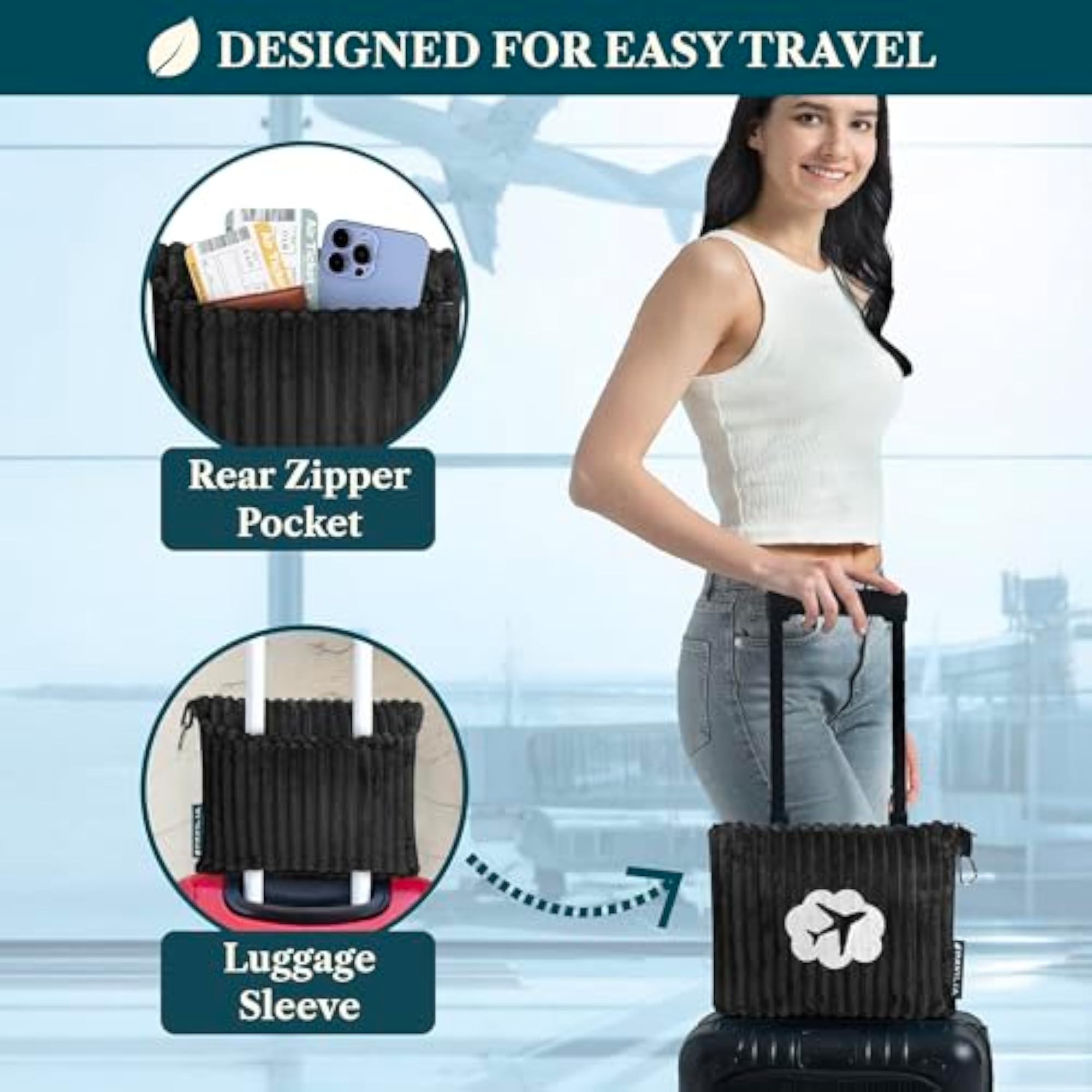 Travel Blanket Pillow, Soft Ribbed Fleece Airplane Blanket, Black