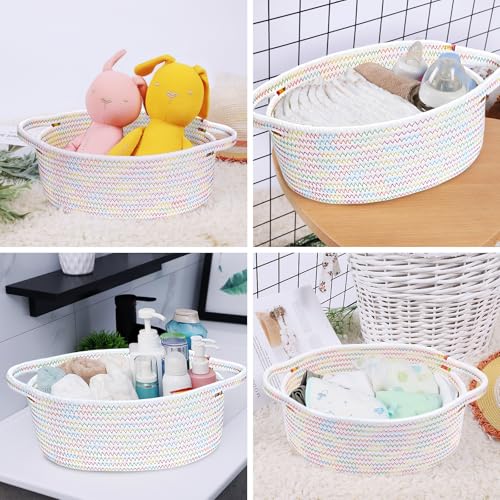 Image of ABenkle Small Basket with Handles, Boho Decorative Rope Woven Dog Cat Toy Storage Bin Shelf Storage Organizer, Easter Christmas Gift Basket, 12 inchx8 inchx5 inch