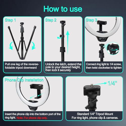 Image of UBeesize 14'' LED Foldable Ring Light with 62'' Tripod Stand, Selfie Ring Light for Video Recording, Live Streaming, TikTok & YouTube, Compatible with iPhone & Android (Black)