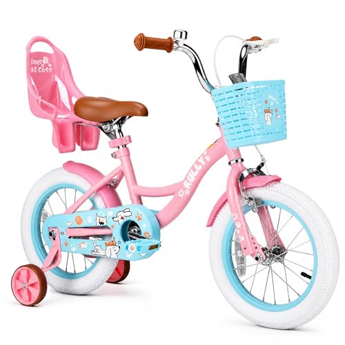 Image of RULLY 12 14 16 Inch Girls Bike with Doll Seat Basket and Training Wheels for 2-6 Years Children