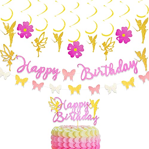 JeVenis 13 PCS Luxury Fairy Birthday Party Decoration Fairy Birthday Banner Fairy Party Favors Fairy Garden Decoration for Fairy Theme Birthday Decoration