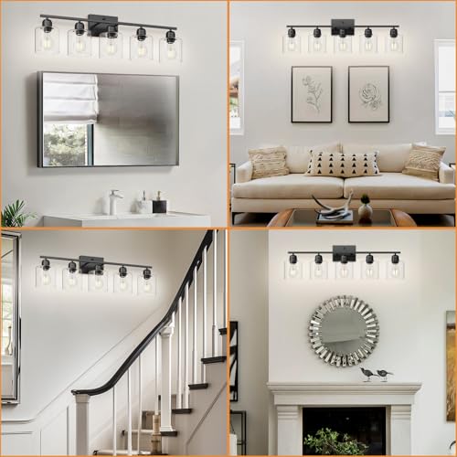 Image of Modern 5 Light Bathroom Vanity Light, 31 inch Black Bathroom Lights Fixtures, Vanity Lights with Clear Glass for Mirror Kitchen Living Room Hallway Cabinet Porch