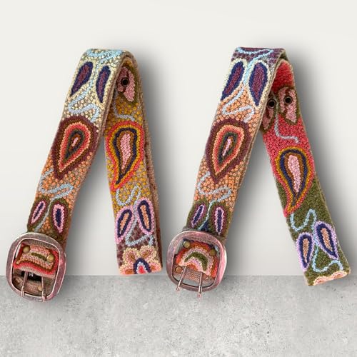 Hand Embroidered Peruvian Wool Belt, Flower Belt, Statement Belt - Bohemian Mosaic Tan Base3