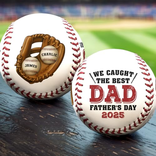 DOPTIKA We Caught The Best Dad, Personalized Leather Baseball with Kid Names, Fathers Day Birthday Gifts for Dad from Daughter, Son, Baseball Coach Gifts, Best Dad Ever Gifts