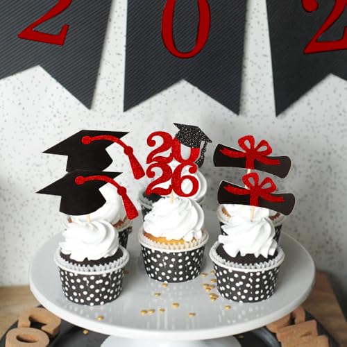 Image of Class of 2026 Red Glitter Graduation Cupcake Topper, Food /Appetizer Picks for Graduation Party (24pcs)