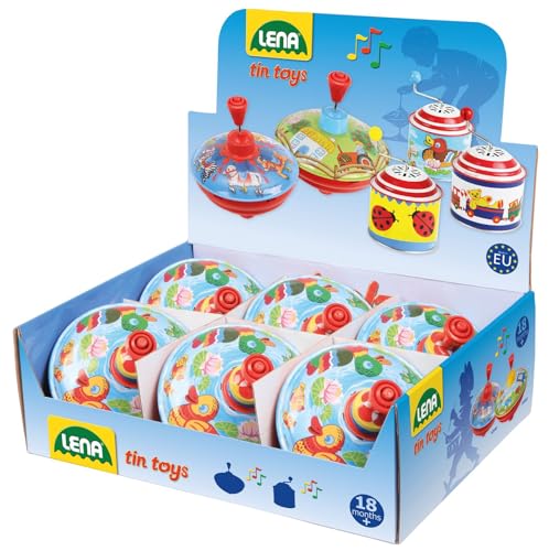 Lena 52410 Brummkreisel Enten Ø 14 cm, Metall Schwungkreisel aus Blech, klassischer Pumpkreisel, Blechkreisel mit Tier Motiv, Kreisel mit Standspitze, Spielzeugkreisel für Kinder ab 18 Monate Bunt