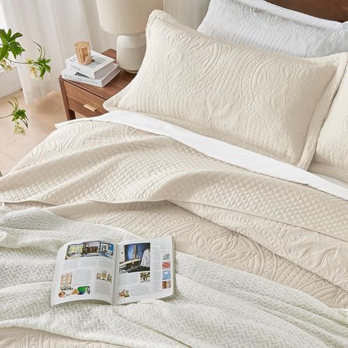 Image of Qucover Oversized King Bedspread 128x120, Soft Microfiber California King Quilt Set Oversized, 3 Piece Extra Wide BedSpreads, Ultrasonic Quilting Vintage Pattern Oversized Coverlet, Beige
