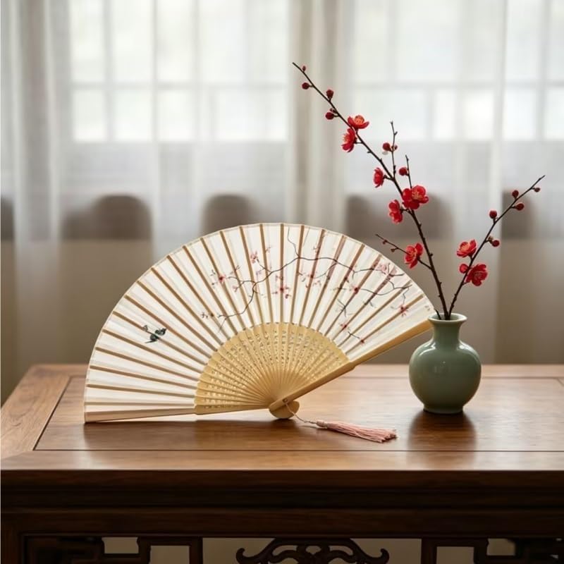 Vintage Folding Fan Chinese Plum Bird Pattern Portable Elegant Hand for Wedding Party Decoration Gift