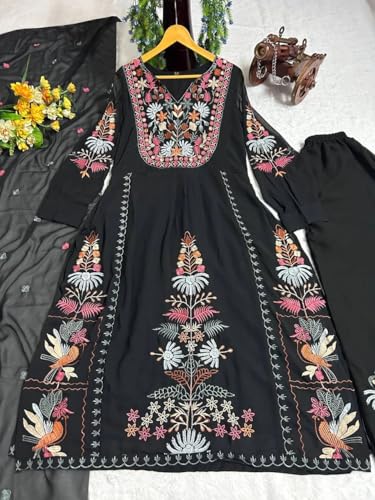 Image of Pandadi Saree Women's Georgette Embroidery Kurta Palazzo and Dupatta Set