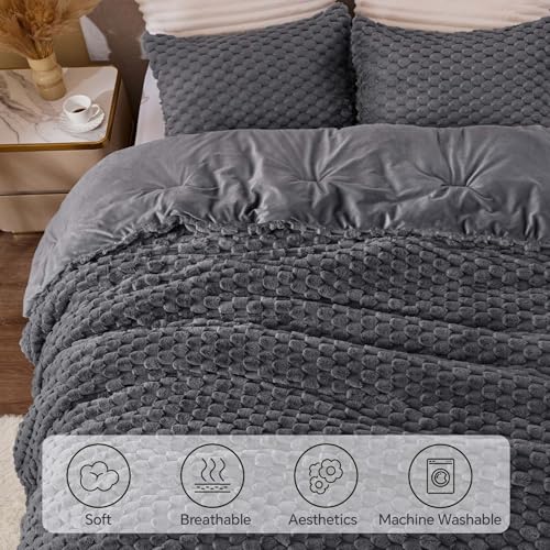 BEDELITE Fluffy Full Size Comforter Set - Dark Grey Fleece Soft Comforter for Full Size Bed, Luxury Warm Bedding Set for Winter, Fuzzy Bed Set 3 Pieces (1 Comforter, 2 Pillowcases)