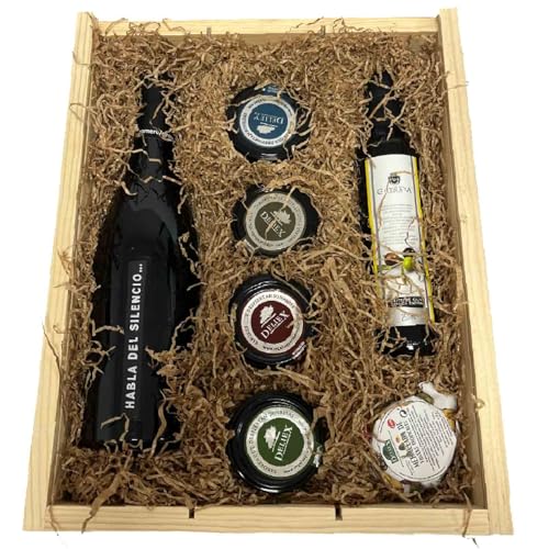 Aguinaldo Navidad con Vino Habla del Silencio, cesta gourmet para regalar en caja de madera con vino, aceite, cremas de untar y mermelada.