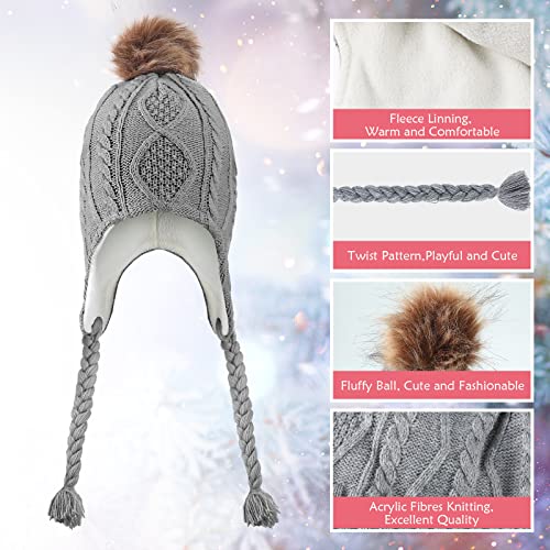 Mepase 2 Pcs Girls Knit Hats Kids Winter Hats For Girls With Ear Flaps Fleece Lining Toddler Girls Warm Hat Baby Girls' Cold Weather Hats And Caps For 2-5T Pink, Grey #TOP4
