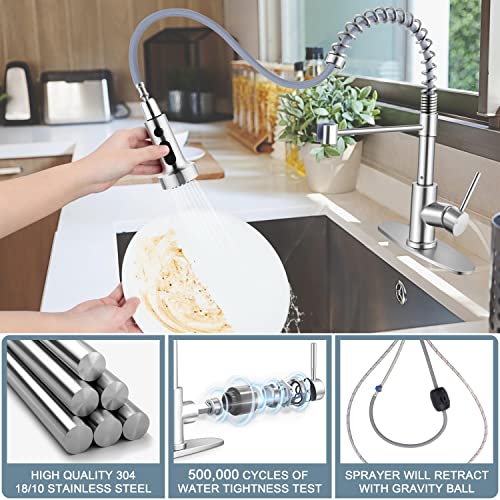 Homikit Kitchen Sink Faucet Brushed Nickel With Pull Down Sprayer, Stainless Steel Spring Kitchen Faucets With Deck Plate 1 Or 3 Hole, High Arc Commercial Faucet For Farmhouse Laundry Utility Rv #TOP2