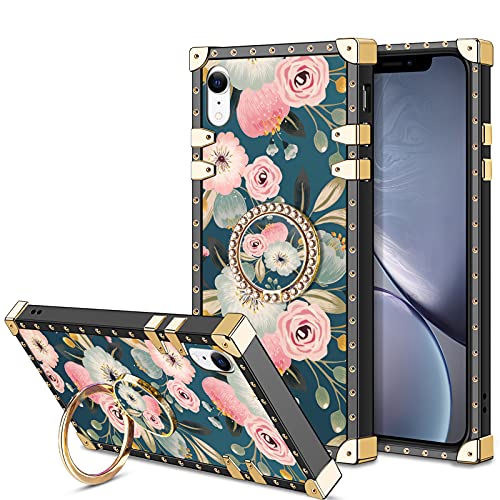 HoneyAKE Phone Case for iPhone XR Case with Kickstand Women Girls Soft TPU Shockproof Protective Heavy Duty Metal Cushion Reinforced Corner Case Bumper Compatible with Apple iPhone XR 6.1 inch,Flower