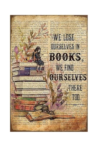Korrazi Book-Lover Metal-Sign Wall-Art Décor-Poster, Lost Ourselves in Books, for Library Bookstore Home Office Study Room Classroom Coffee Shop Plaque 8x12 Inch