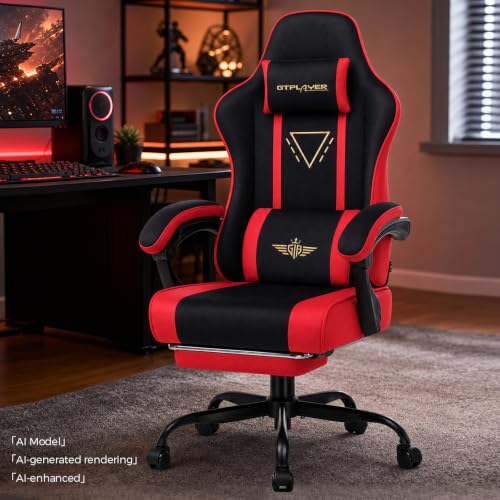 Image of GTPLAYER Video Gaming Chair Fabric, Ergonomic Computer Chair with Footrest and Pocket Spring Cushion, Height Adjustable Video Gamer Chair with Lumbar Support for Adults, Red