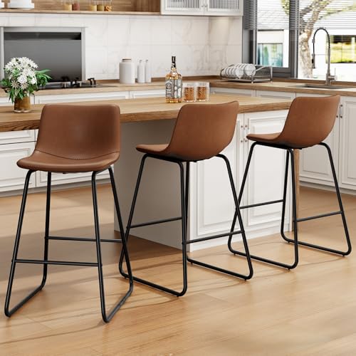 Image of REONEY Bar Stool Set of 3, 26 inch Urban Faux Leather Counter Stool, Dark Brown