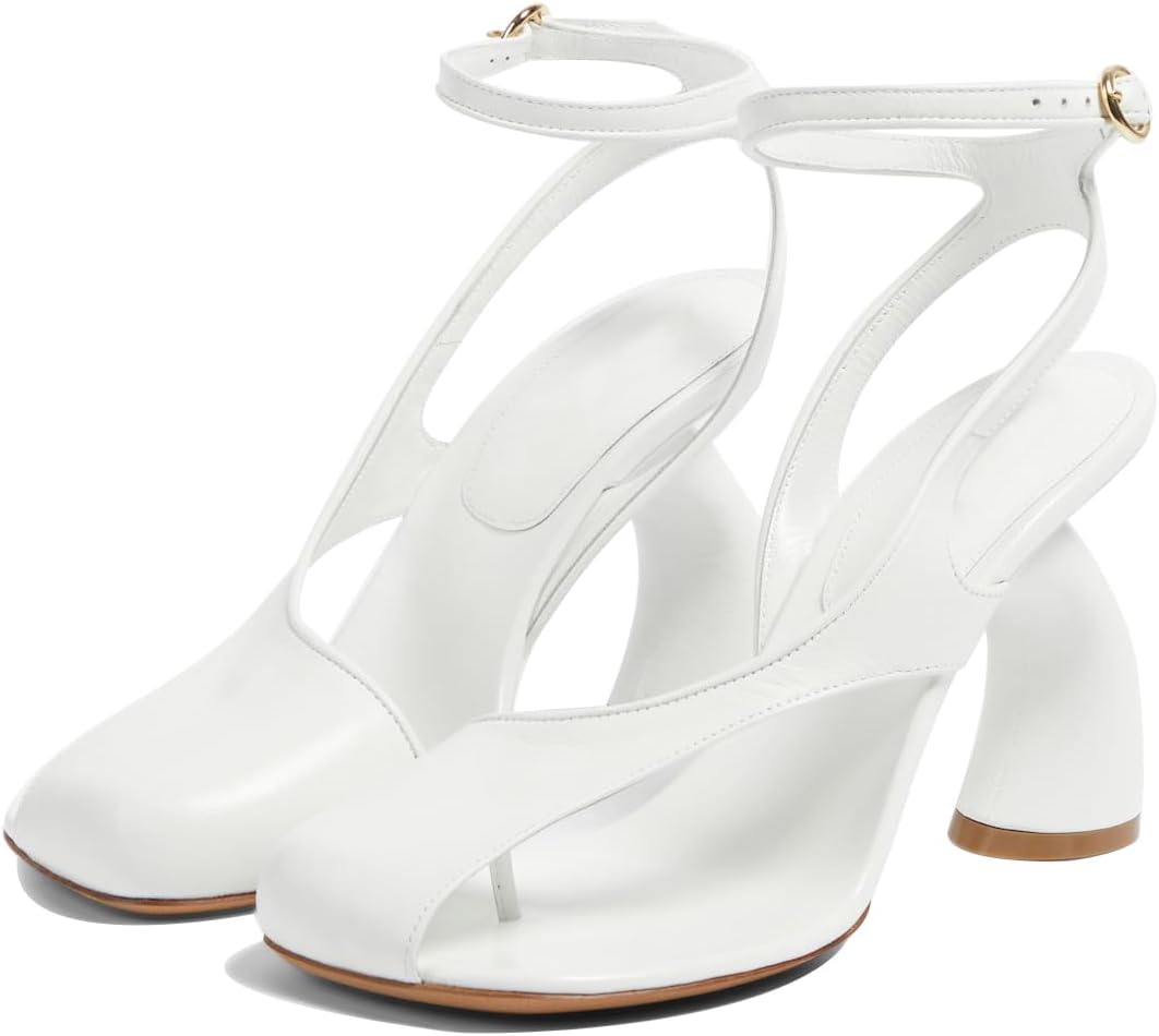 Vertundy Women's Flip Flop Heels High Heeled Sandals Leather Chunky Square Toe Adjustable Ankle Strap Buckle Dress Fashion Party Thong Heeled White Sandals