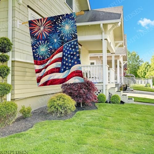 Patriotic American Flag House Flag 28x40 Inch Double Sided for Outside, Large Burlap Yard Flag with Fireworks for 4th of July, Independence Day Outdoor Decoration by KIMPUDSEN - Image 4