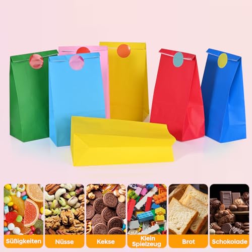 HAMOHTE Papiertüten Bunt, 20 Stück Geschenktüten Kindergeburtstag mit 24 Aufkleber, Klein Geburtstagstüten Kinder, Kraft Papier Mitgebsel Tüten Gift Bag für Party, Geschenk, Geburtstag, Feiern