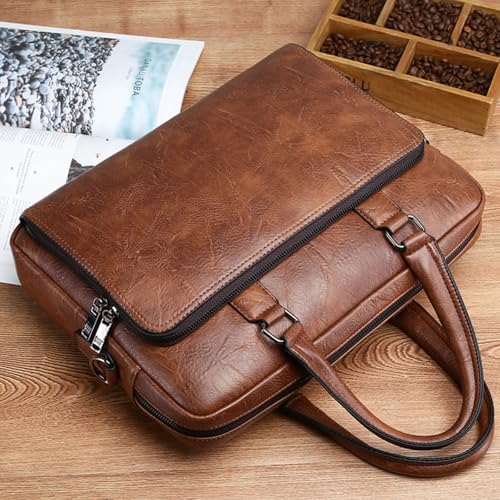 Mens Laptop Bag 16.1 Inch Waterproof Vintage Leather Briefcase Computer Messenger Handbags Shoulder Bag (Khaki)4