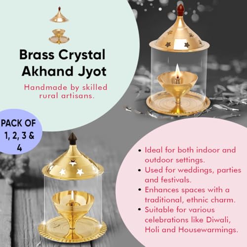 Image of ARCHIES Akhand Diya Brass Metal Diyas | Pooja Diya for House, Office, Mandir Small Pack of 4 (Standard Size, AKDMT03152)