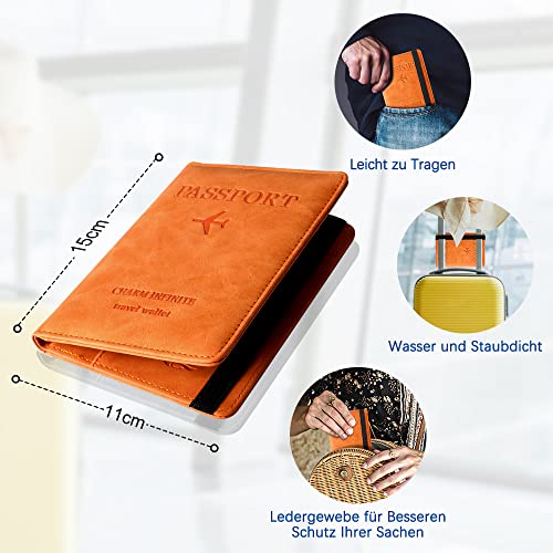 Czyan Reisepasshülle, Kunstleder Schutzhülle Reisepass mit RFID Blockier Schutzhülle Impfausweis Schutzhülle Tasche für Kreditkarten Ausweis und Reisedokumente(Orange)