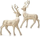 iPEGTOP 2 Pcs Glitter Reindeer Decor Christmas Standing Deer Figurines, 12.6' X 9' Holiday Decorations Craft Gift Christmas Ornaments, Champagne Gold