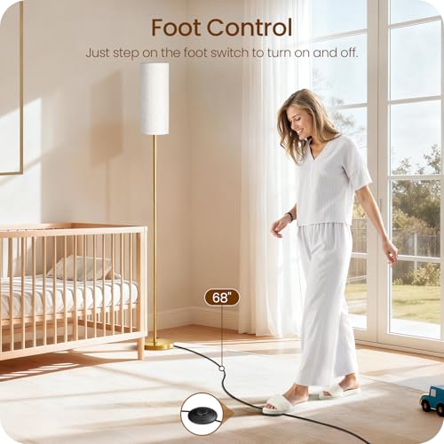Image of Dimmable Floor Lamps for Living Room with Remote and Foot Switch, 64.4 inch Modern Standing Tall Lamp, Corner Lamp for Bedroom, Bulb Included, 3000K-6500K, White and Gold, FCC Listed DW06LD05W1